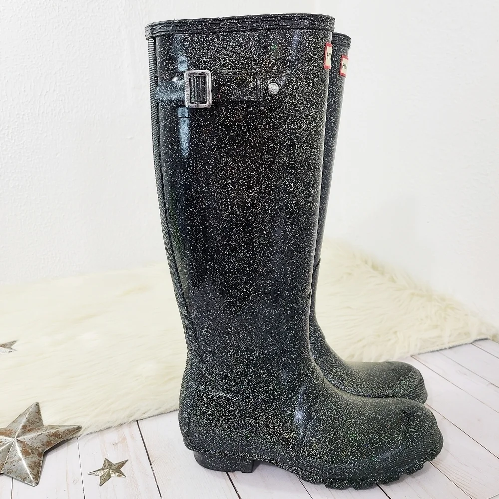 HUNTER Women's Original Tall Glitter Starcloud Black Wellies Rainboots size 6